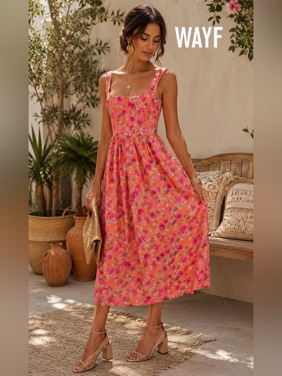 Wayf Dresses & Skirts - 🛍️FINAL PRICE🛍️ WAYF Coral Corset Dress Peach-Orange with Hot Pink Rose Print